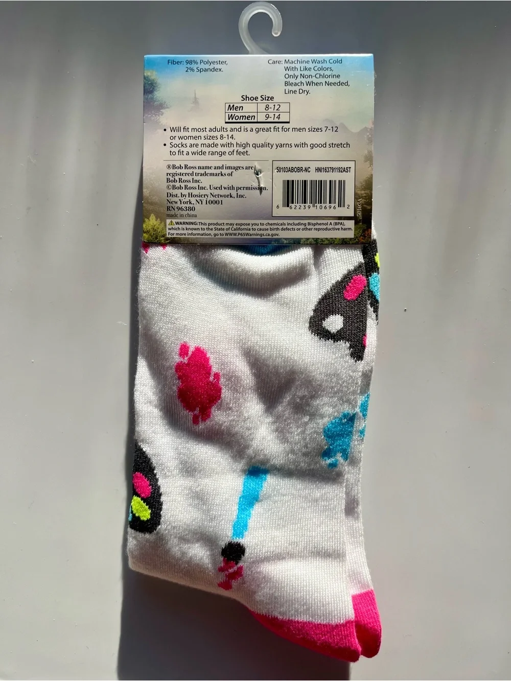 Bob Ross The Joy of Painting Crew Socks - Paintbrush Design - White, Pink, Blue